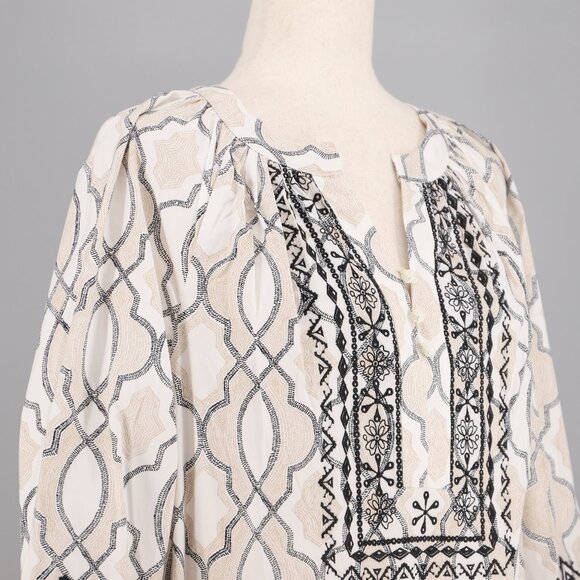 CHICO'S Poplin Embellished A-Line Midi Dress Boho Geo Print Tan Black Size 0/S - Picture 4 of 9